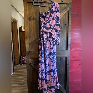 Pink Lily One Shoulder Floral Dress - Pink and Navy